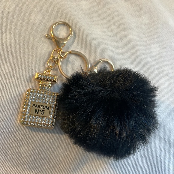 NEW Black Pom with Rhinestone perfume charm luxury style keychain - Picture 3 of 5